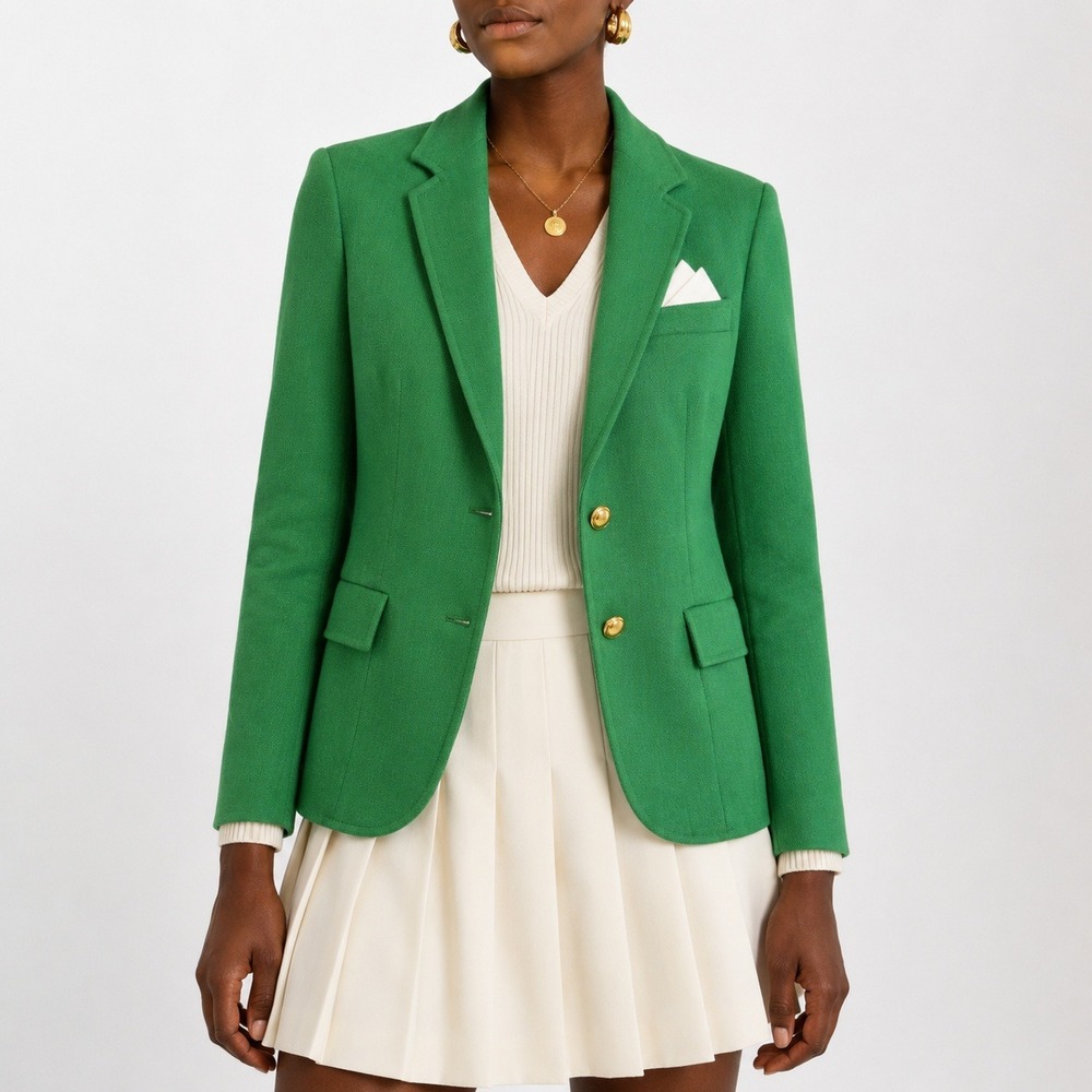 70s Vintage Linen Blazer Womens M Kelly Green Textured Gold Button Career Jacket